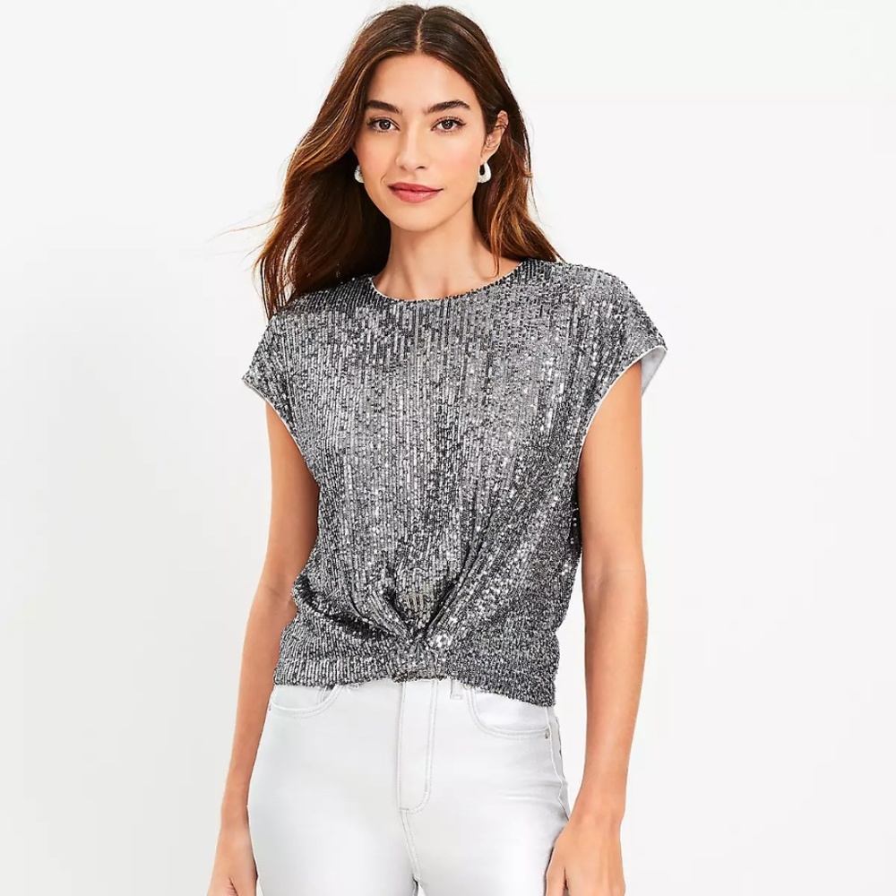 NWT LOFT Sequin Knot Cap Sleeve Top- Silver, M